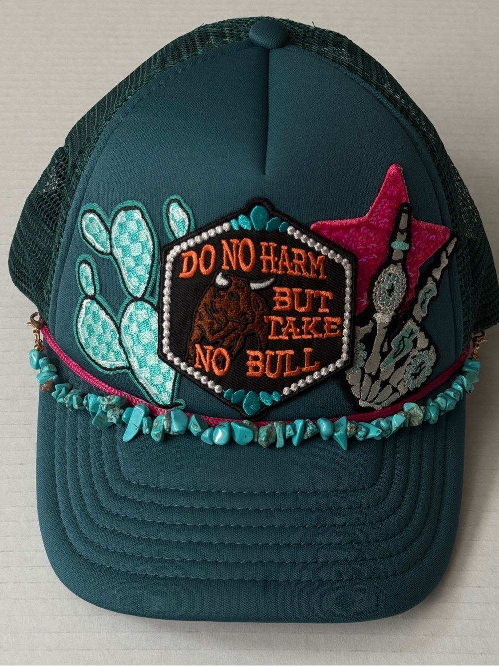 Do No Harm But Take No Bull Trucker Hat Green Turquoise Chain 1 Size Snap Back
